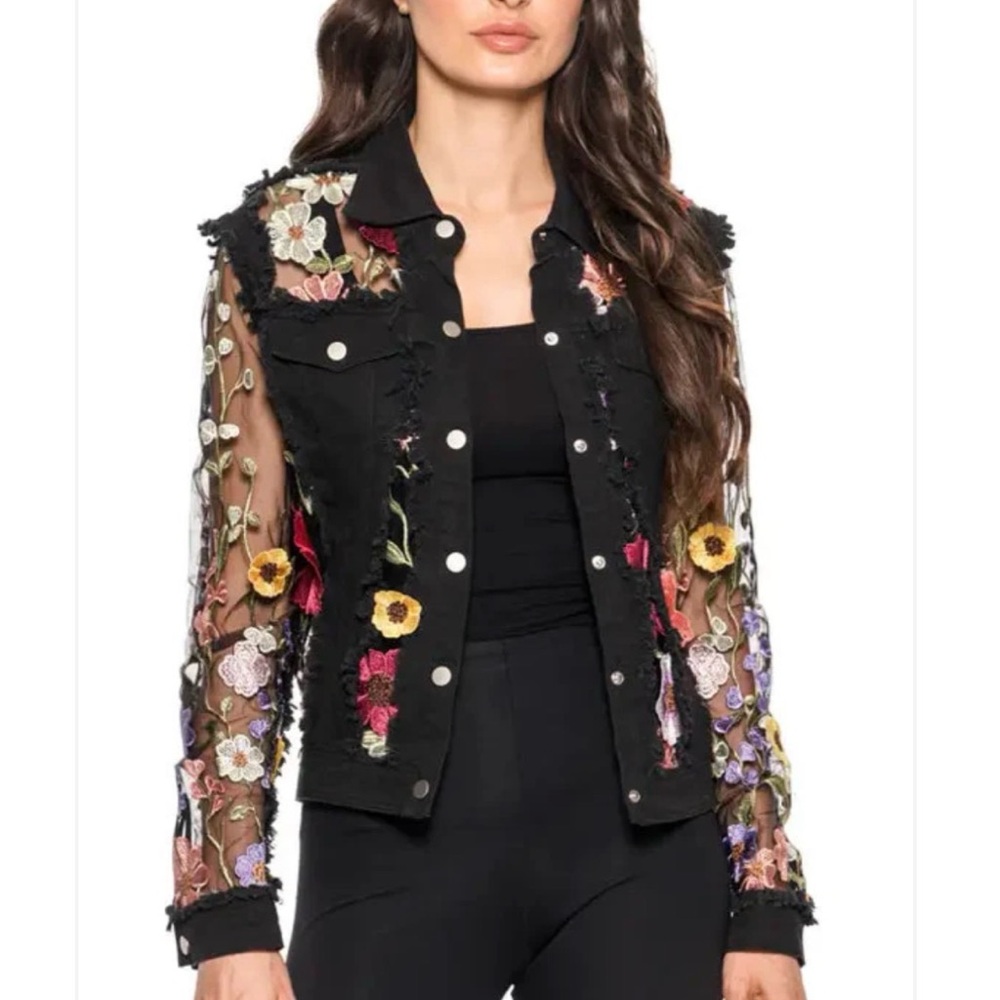 New! Floral Denim Lace Sheer Jacket